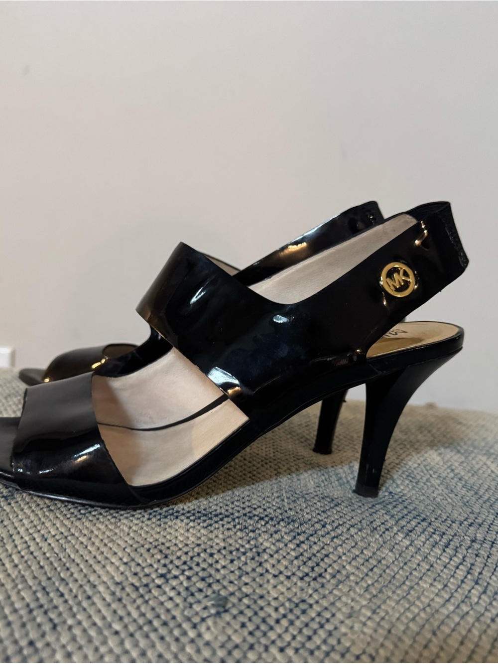 MICHAEL Michael Kors Black Patent Leather Slingback Heels with Gold MK Accent
